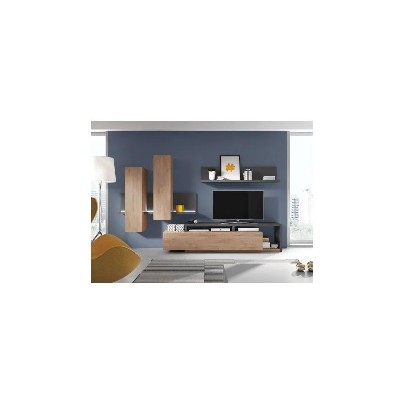 Hangkast met wandplank Bota - Eik/Grijs - Inclusief ledverlichting - 152x142x35cm Helvetia